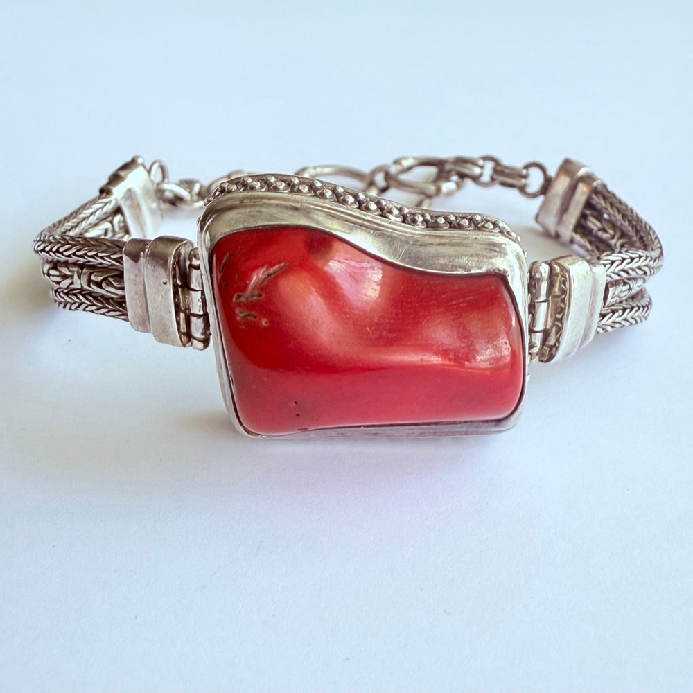 Sarda 30 Ct Red Coral Bali 925 Sterling Silver 7.5mm Triple Chain Bracelet